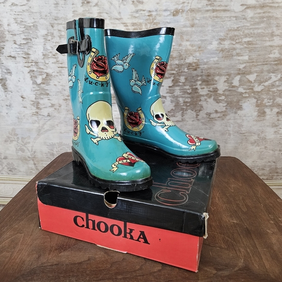 chooka Shoes - Chooka Women's Sz 7 Turquoise Rubber Lucky Tattoo City Rain Boots Skull Ed Hardy